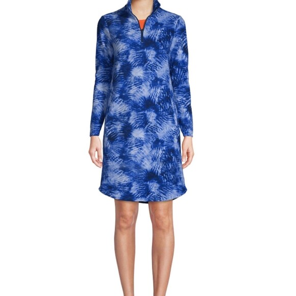 LANDS END Long Sleeve Fleece Quarter Zip Dress Blue Palm Pockets Cozy Size Small - Picture 1 of 10